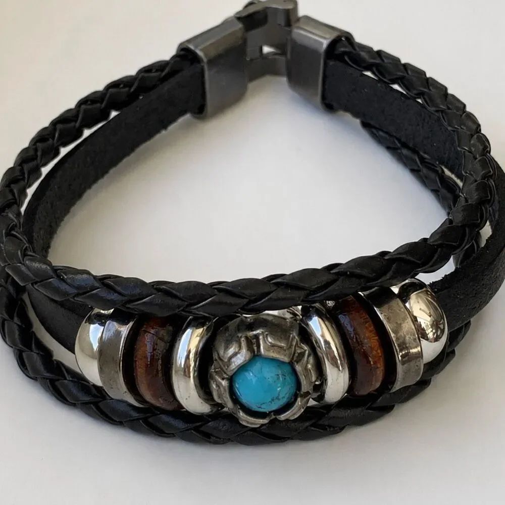 Black Ibiza Vegan Leather Multi-Strand Cuff Bracelet Turquoise Accent